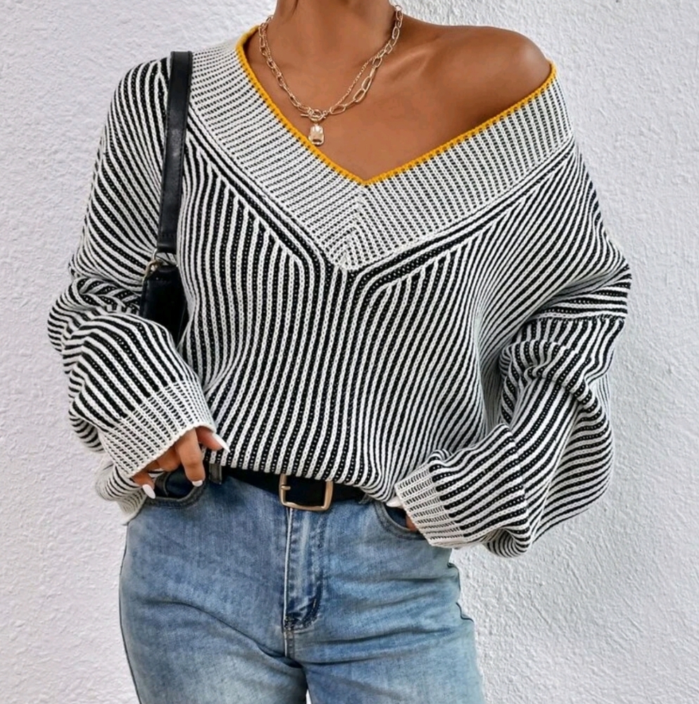 SALE!!!- V-Neck Striped Print Casual Long Sleeve Sweater